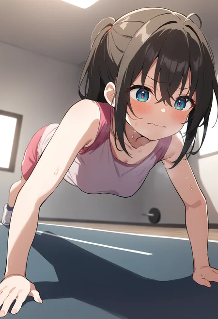 1girl,sincos, ningen mame, toosaka asagi,solo,medium breasts,
push-ups, sweat, exercise, all fours, arm support,<lora:push-ups_XL_v1:0.7>
from side, fisheye lens, looking down, scared, closed mouth,
best quality, very aesthetic, absurdres,