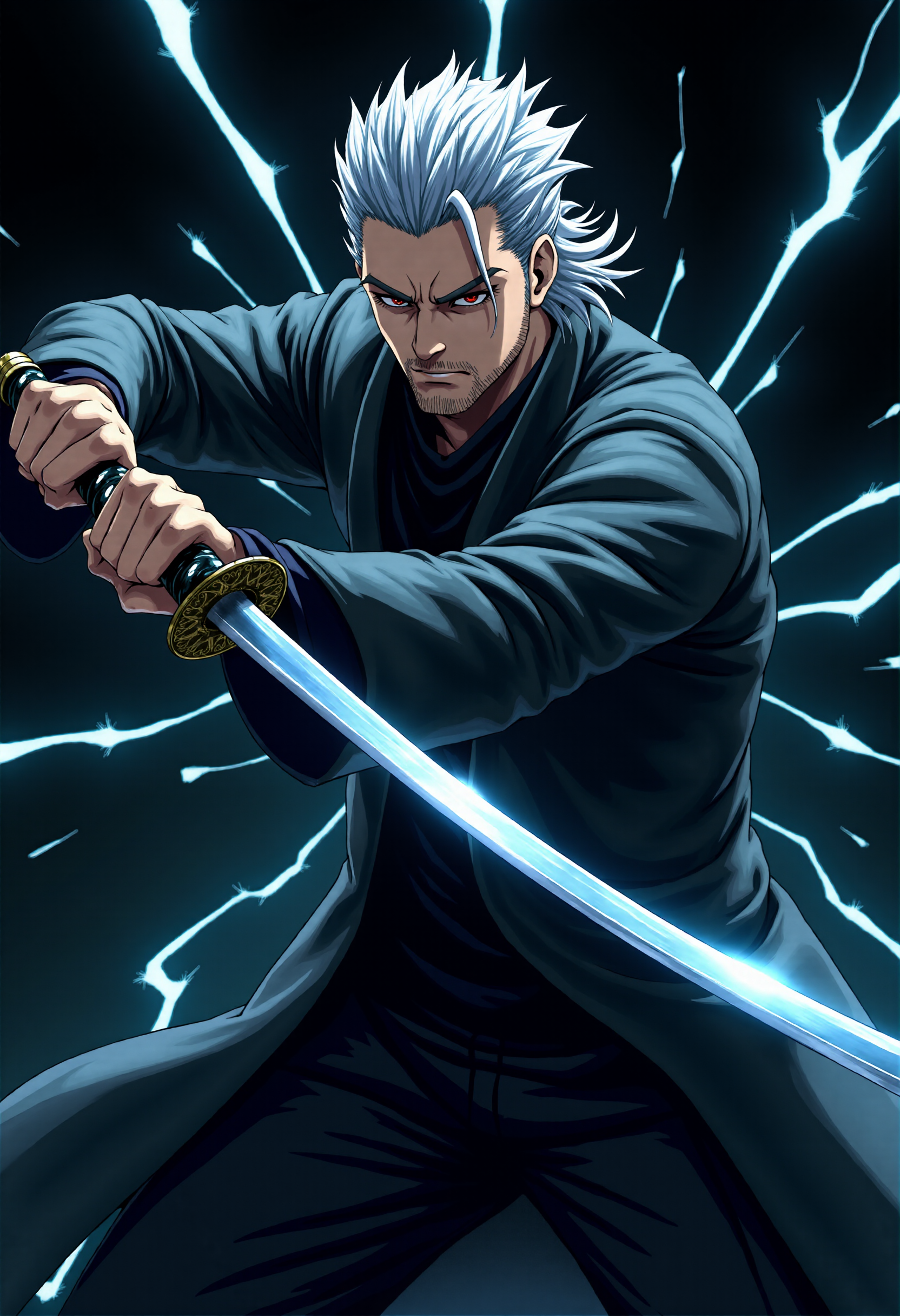 masterpiece, illustration,fantasy, best quality,concept art. A man with slicked-back gray hair holding a katana with one hand, a man wearing a long black coat. Close-up of a man attacking with a sword, cutting through the darkness. a masterpiece, a cinematic frame, a flash of blue energy in the form of linear rays, a minimalistic black background in the form of broken glass. cinematic lighting, a face illuminated by flashes of light, masculine facial features expressing strength and a sparkle in the eyes.Gloomy deep tones,style painting,  <lora:MJanime_Flux_LoRa:0.6>, Anime style, <lora:FluxMythP0rtr4itStyle:0.7>, mythp0rt,<lora:lora:0.8>, dmc5vergil, black coat, fingerless gloves, pants,