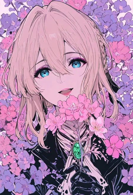 masterpiece, best quality, good quality, very awa, newest, highres, absurdres, violet evergarden, 1girl, solo, looking at viewer, smile, open mouth, curly hair, holding, flower, makeup, portrait, gem, pink flower, close-up, holding flower,limited palette,