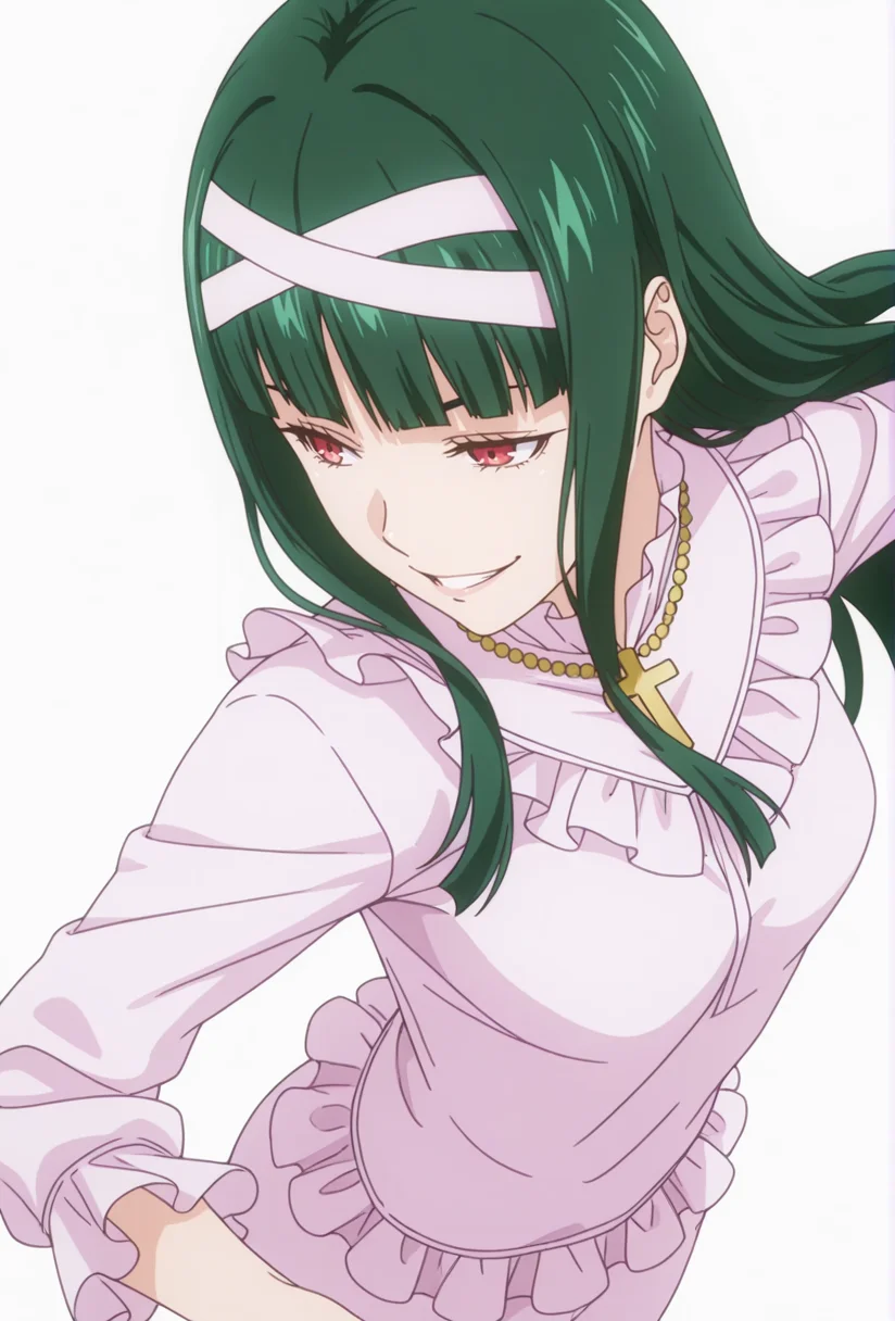 Smooth Quality,masterpiece,very intricate, high quality details, ultra realistic, high detailed skin,detailed enviorement,absurdres,
simple background, white background,solo,
from above,dancing, 
evil grin,
 <lora:FoodWCNN:0.8> foodwarstylecnn,
 annecnn, 1girl, green hair, red eyes, long hair, blunt bangs, cross necklace, frills, shirt, white ribbon