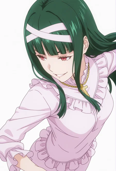 Smooth Quality,masterpiece,very intricate, high quality details, ultra realistic, high detailed skin,detailed enviorement,absurdres,
simple background, white background,solo,
from above,dancing,
evil grin,
<lora:FoodWCNN:0.8> foodwarstylecnn,
annecnn, 1girl, green hair, red eyes, long hair, blunt bangs, cross necklace, frills, shirt, white ribbon