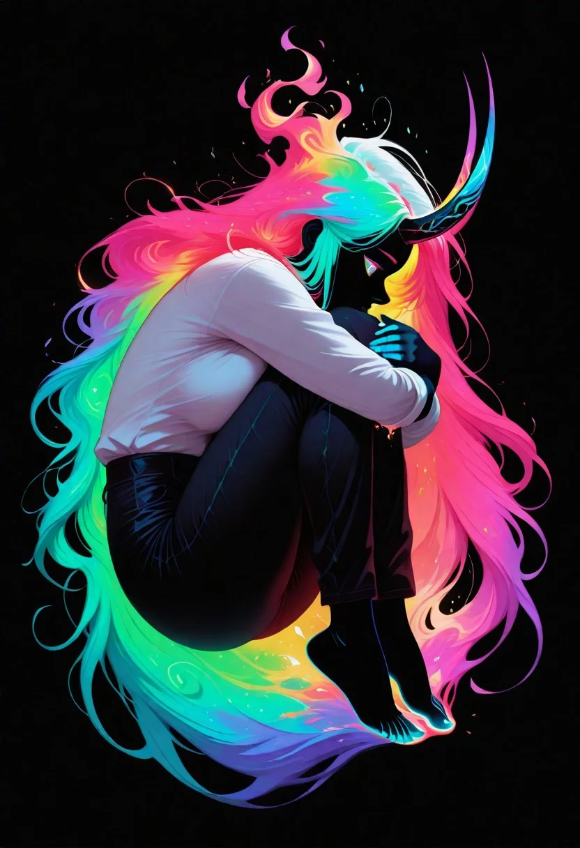 ajnblyst, fiery hair, solo, pants, neon colored hair, long hair, barefoot, horns, black background, very long hair, full body, shirt, female focus, 1girl, busty,, white shirt, black skin, profile, fire, colored skin, hugging own legs, simple background, horror theme, colorful hair, neon hair,
, masterpiece, best quality, amazing quality, very aesthetic, absurdres, newest,
