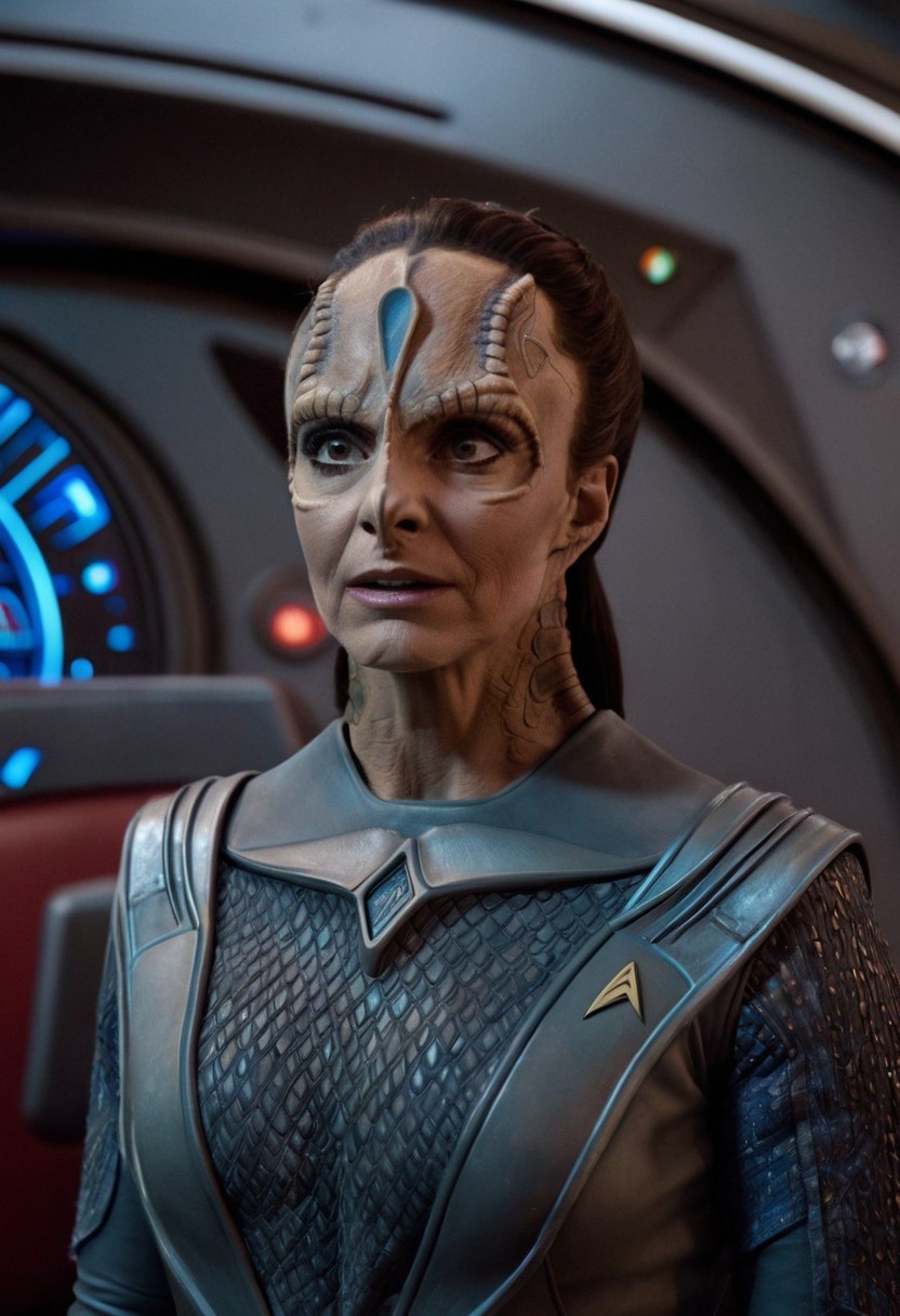 8k HDR, Cinematic film still portrait from blockbuster sci-fi science fiction movie, 35mm Fujifilm, IMAX, extremely detailed, female c4rd45514n alien, forehead crest, grey skin, ridges, scales, wearing starfleet uniform dress from star trek