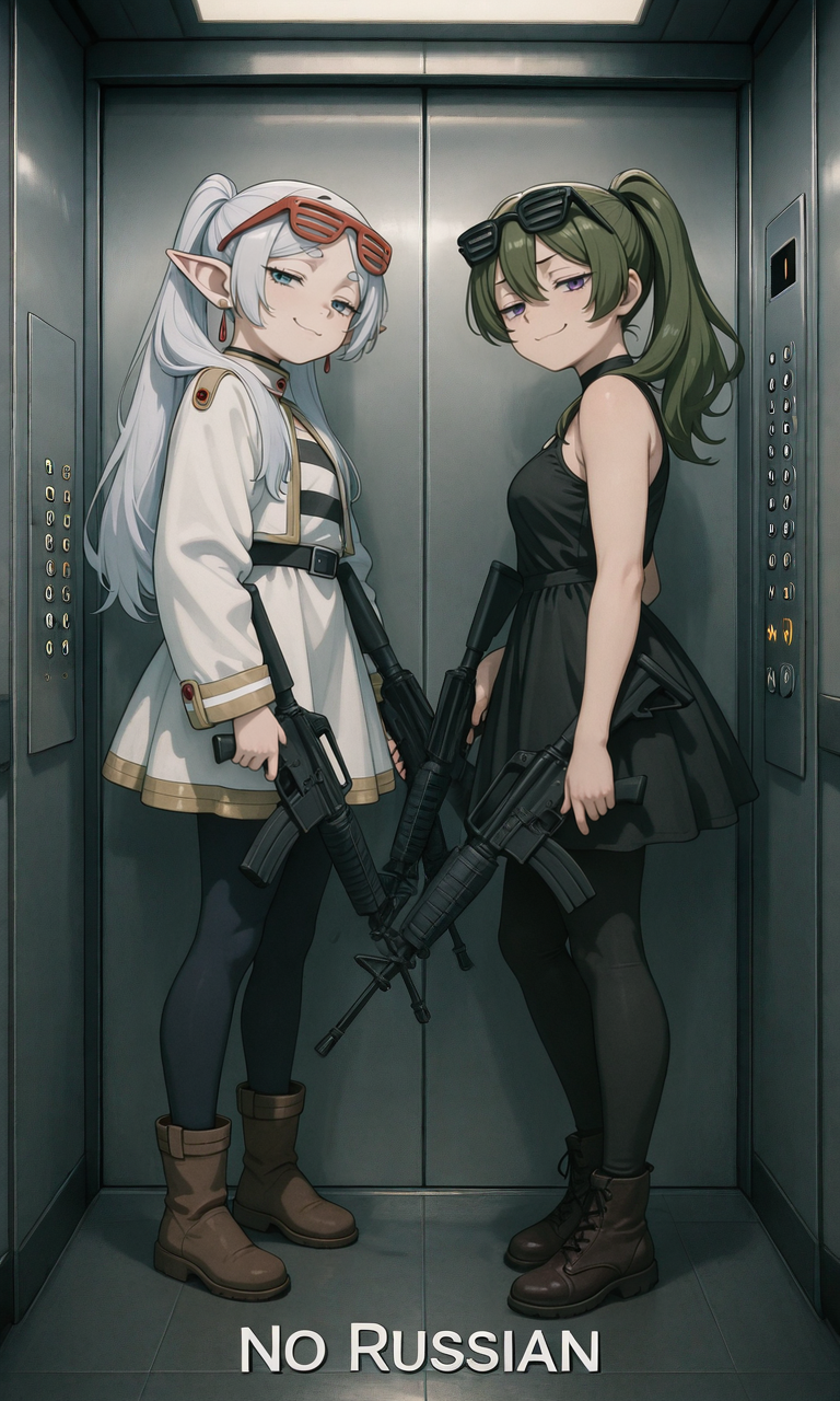 embedding:IllusP0s, (no russian), elevator, holding weapon, assault rifle, 2girls, shutter shades, eyewear on head, frieren, elf ears, brown boots, leggings, white outfit, white hair, blue eyes, ubel, green hair, purple eyes, sleeveless dress, black dress, shoes, smug<lora:no russian_illustrious.safetensors:1.0:1.0>