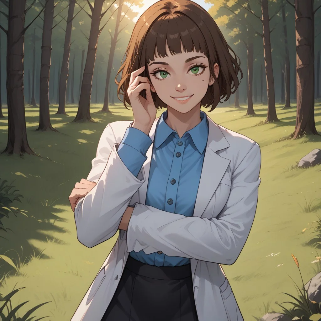 score_9, score_8, BREAK, solo, brown hair, short hair, green eyes, mole under eye, white lab coat, blue collared shirt, black skirt, black heels, Annie Alburton, sexy pose, self portrait, smile, outdoors, sunlight, shadows, evening lighting, natural lighting, forest, trees, grass, orange sky, sunset