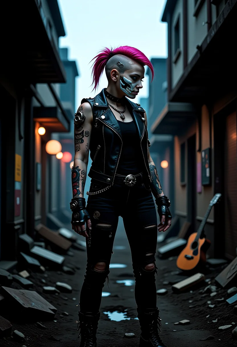 post-apocalyptic young woman with a punk aesthetic in a gritty urban environment, shaved left side and a mohawk styled on the right dyed a vibrant, magenta pink, intricate white skull and crossbones face paint, cybernetic implants visible on her face, sleeveless vikingpunk black leather jacket with various patches and symbols showing off her mechanical_arms, full-length black top, black skin-tight distressed jeans, multiple piercings, leather belt with decorative skull, black combat-style boots with chains and spikes, standing amidst a rough, dirty building, lean-muscular physique, numerous intricate tattoos, background with dystopian landscape, broken buildings, rusty pipes, abandoned guitar leaning against a wall, dim, neon-lit glow, atmosphere of rebellion and urban decay, fusion of cyberpunk and vikingpunk vibes. <lora:flux/aeshteticv2>, aesthetic_pose, dynamic_pose, <lora:flux/aidmaImageUpgrader-FLUX-V0.2>, aidmaimageupgrader, <lora:Magic of Art 2 (FLUX)>, Cinematic style, Beauty, Realism, Photorealism, Chiaroscuro, High quality, <lora:flux/Sinfully_Stylish_.02_for_FLUX-000002:0.8>, <lora:flux/aeshteticv2>, aesthetic_pose, dynamic_pose,