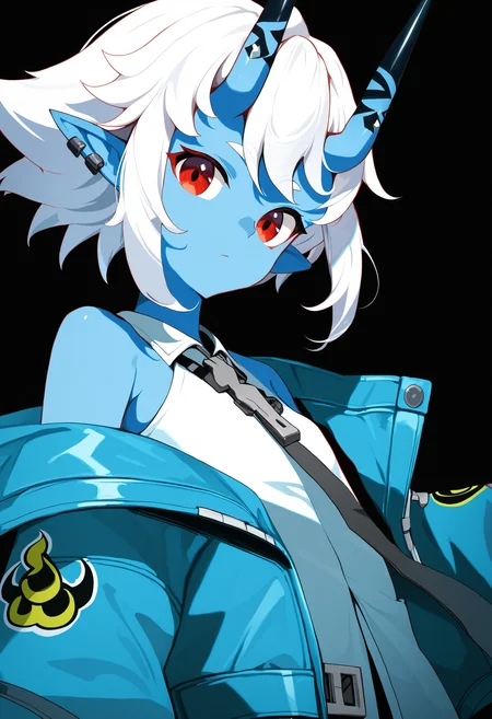 score_9, score_8_up, score_7_up, masterpiece, best quality,
soukaku \(zenless zone zero\), blue oni, black horns, horn markings, skin-covered horns, colored skin, 1girl, solo, white hair, off shoulder, open jacket, red eyes, pointy ears, short hair, looking at viewer, black necktie, blue skin, oni girl, oni,
black background, atmospheric,
cowboy shot
<lora:oni_girl_concepts_v2:1>