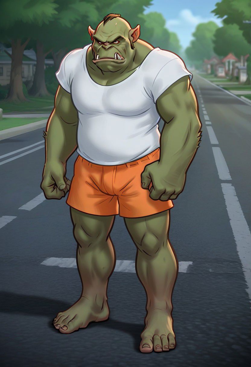 ((Anon)) from summertime saga standing in the middle of the road. many meters away, a large menacing orc-troll is also standing in the middle of the road. Anon wears a white shirt and orange shorts. He yields a sword and is in a defensive position. DND rpg scene. Tense scene.  drawn in the style of summertime saga. 4k, best quality,