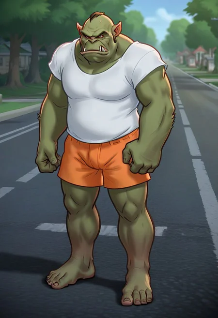 ((Anon)) from summertime saga standing in the middle of the road. many meters away, a large menacing orc-troll is also standing in the middle of the road. Anon wears a white shirt and orange shorts. He yields a sword and is in a defensive position. DND rpg scene. Tense scene. drawn in the style of summertime saga. 4k, best quality,