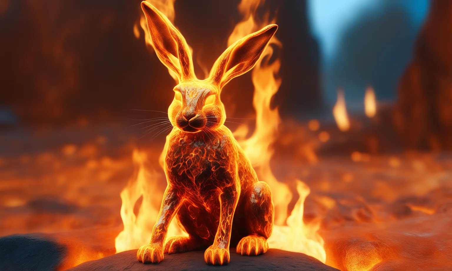 <lora:firecd_xl-000017:0.6>,a transparent fire elemental hare made of (firecd_xl,raging flames:1.2,burning) in hell,fire eyes,fire hairs,fire body,splash fire,no humans,long-focus,tilt-shift,outdoors,on molten rock,full body,chinese zodiac,cutie,cute,still life,front view,facing viewer,looking at viewer,ethereal fantasy concept art,magnificent,epic,majestic,magical, emotional,harmonious,high budget,moody,epic,gorgeous,perfect lighting,realistic,photorealistic,photographic,photo (medium),real,moody lighting,volumetric lighting,reality ray tracing,8K,HDR,UHD,masterpiece,best quality,highly detailed,high resolution,finely detail,extremely detailed,ultra detailed,wallpaper
