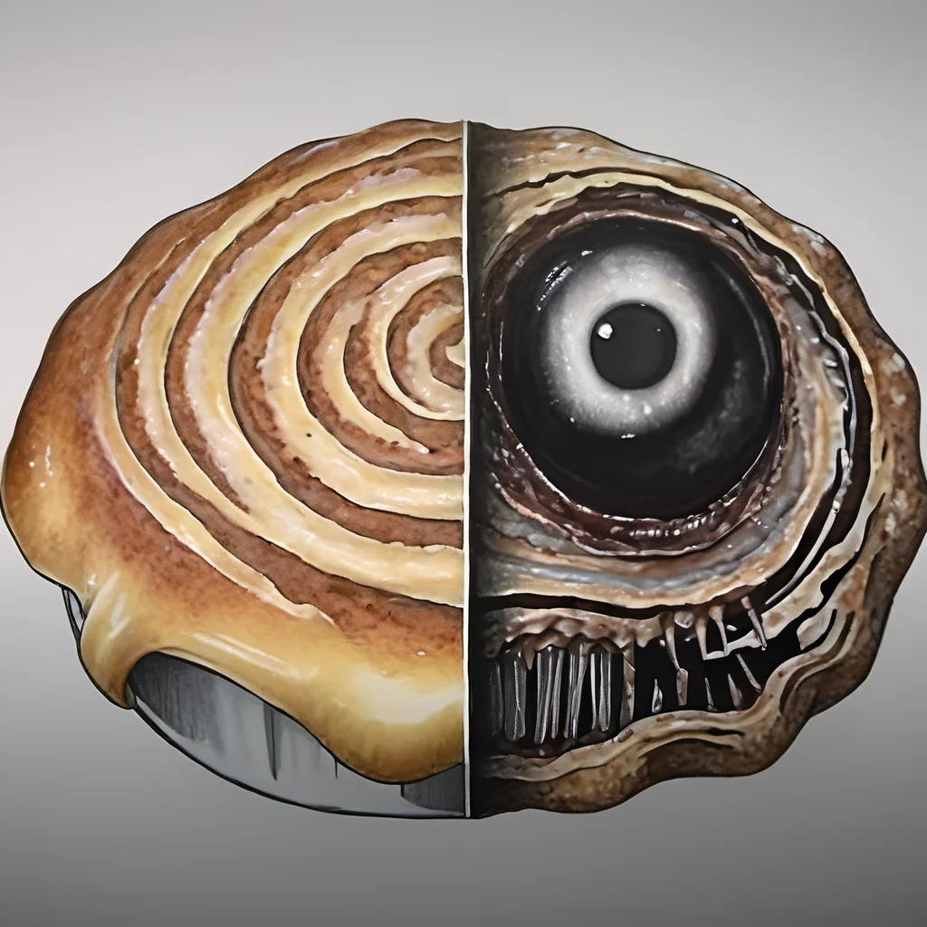 A drawing of a cinnamon roll, in the style of JordanPersegati, split style drawing, infected, covered in icing, black eye, wrinkly, smiling, spirals, Junji Ito, horror, white background  <lora:Jordan_Persegati_V2:1>