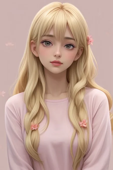 Sweet girl, lush long hair, blonde hair, flowers in her hair, strawberry pajamas, gray big eyes, plump pink lips, open pink delicate pajamas, peach flowers, soft pink background