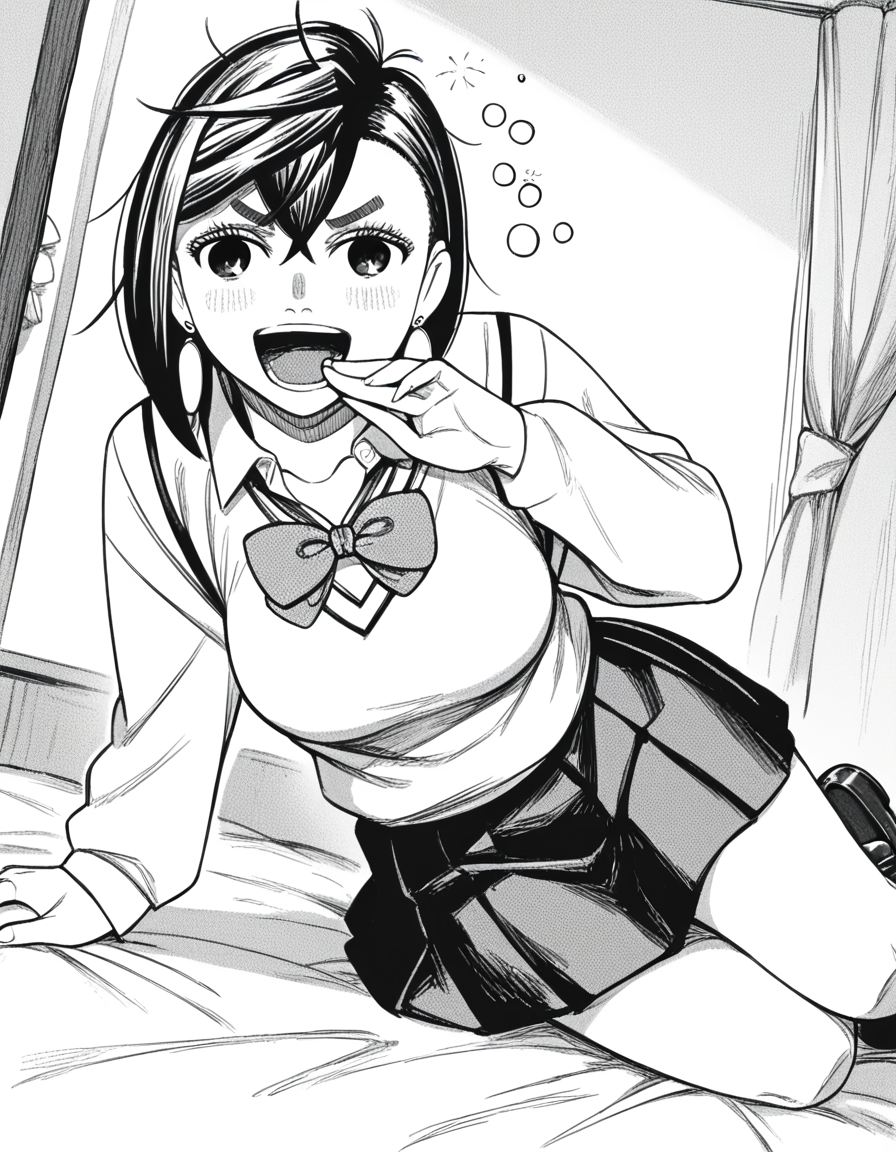 score_9, score_8_up, score_7_up, source_anime, <lora:momo-ayase-manga-ponyxl-lora-nochekaiser:1>, momo ayase, short hair, bangs, thick eyebrows, monochrome, greyscale, medium breasts,, skirt, school uniform, pleated skirt, shoes, socks, loafers, sweater vest, shirt, white shirt, collared shirt, earrings,, indoors, bed, bed room, on side, blush, drunk,, , <lora:ojou-sama-pose-ponyxl-lora-nochekaiser:1>, ojou-sama pose, laughing, smug, hand to own mouth, open mouth,, looking at viewer, solo,, dutch angle, cowboy shot