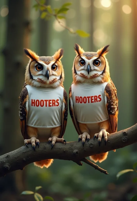 in a forest, two feral owls perched on a tree branch, they're wearing white shirts with the label "HOOTERS" in orange lettering on them, close-up shot, photorealistic, bokeh