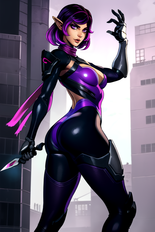 masterpiece,best quality,extreme detail,8k,image sharpness,<lora:skye:0.8>,skye2,1girl,solo,breasts,looking at viewer,short hair,black hair,gloves,holding,cleavage,medium breasts,purple eyes,purple hair,multicolored hair,pointy ears,sword,scarf,armor,leotard,lips,clothing cutout,bodysuit,gradient hair,elf,shoulder armor,mechanical arms,purple leotard,purple bodysuit,cyberpunk,showing the ass,