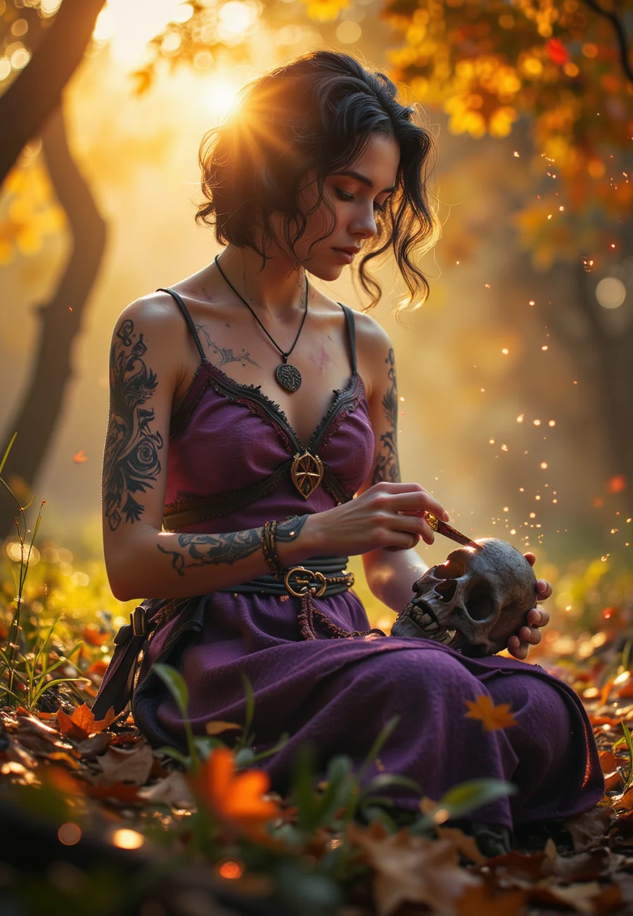 Semi realistic, stunning beautiful, masterpiece, raw quality, best quality, extremely detailed. Full body character portrait. The setting is a deep forest with a vibrant yellow-orange autumn background, illuminated by the warm glow of the setting sun. Sunlight streams through the colorful leaves, casting rays that dance around the witch, while floating particles create a sense of depth in the scene. backlight. The flickering light casts mesmerizing patterns on her elegant features, Sparks and glimmers on the foreground enhance the mystical atmosphere.
The character is a stunning witch with fair skin, short wavy black hair, and light violet eyes. She wears a tattered purple dress adorned with mystical runes and a leather belt with bone talismans. Sitting on the grass, she carves runes into a skull with a gnarled knife, her focused yet serene expression reflecting her connection to ancient magic. Her black runic tattoos shimmer in the sunlight, adding to the enchanting aura surrounding her.
<lora:ARTifacts:0.7> art1fact <lora:anhei_first_flux_lora_v1:0.65> anhei <lora:aidmaBokeh:0.35> bokehmachine
