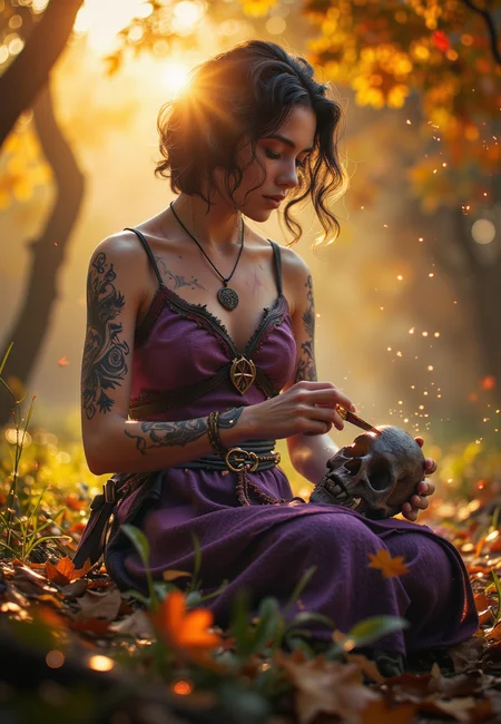 Semi realistic, stunning beautiful, masterpiece, raw quality, best quality, extremely detailed. Full body character portrait. The setting is a deep forest with a vibrant yellow-orange autumn background, illuminated by the warm glow of the setting sun. Sunlight streams through the colorful leaves, casting rays that dance around the witch, while floating particles create a sense of depth in the scene. backlight. The flickering light casts mesmerizing patterns on her elegant features, Sparks and glimmers on the foreground enhance the mystical atmosphere.
The character is a stunning witch with fair skin, short wavy black hair, and light violet eyes. She wears a tattered purple dress adorned with mystical runes and a leather belt with bone talismans. Sitting on the grass, she carves runes into a skull with a gnarled knife, her focused yet serene expression reflecting her connection to ancient magic. Her black runic tattoos shimmer in the sunlight, adding to the enchanting aura surrounding her.
<lora:ARTifacts:0.7> art1fact <lora:anhei_first_flux_lora_v1:0.65> anhei <lora:aidmaBokeh:0.35> bokehmachine