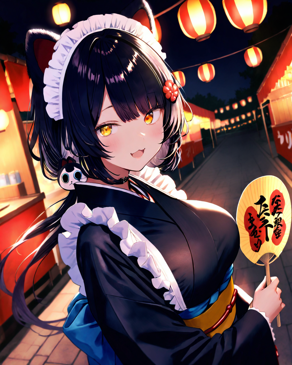 InuiToko,
1girl, solo, dutch angle, from above, upper body,
long hair, black hair, 
maid headdress, animal ears,
yellow eyes, heterochromia, red eyes, 
low twintails,
dog hair ornament,
happy, dating, uchiwa,
black kimono, large breasts,
maid apron, long sleeves,
obi,
night, summer festival, food stand, omatsuri, lantern,
<lora:kp_InuiTokoAnimagineXL_v1_0:1.0>,
BREAK
masterpiece, best quality, absurdres, 
ultra-detailed, realistic, moody lighting,
detailed eyes, depth of field,