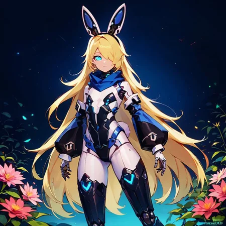 score_9, score_8_up, score_7_up, score_6_up, Sci-Fi, Sci-fi Environments, abstract background, white outline,, playboy cast, Android, Gynoid, blue body lights, glowing eyes, blonde hair, hair over one eye, Very long hair, small breasts, petite body, robotic body, mechanical arms, mechanical legs, ball-jointed limbs, white pantyhose, black thigh highs, black detached sleeves, black hairband, mechanical bunny ears,standing in a lush green garden, sky srapers, surrounded by colorful flowers, bright sunny day, elegant and relaxed pose, serene and magical atmosphere,