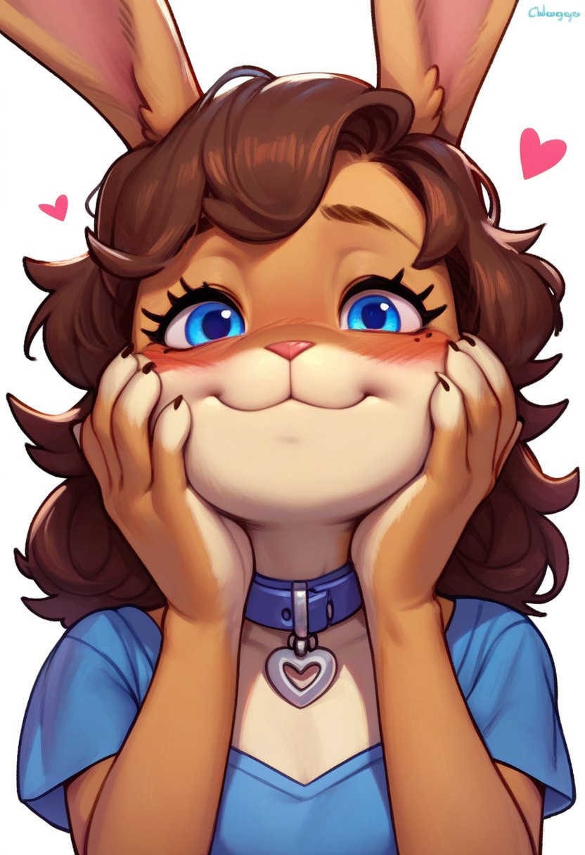 chelodoy, Chelodoy_PS, score_9, score_8_up, score_7_up, score_6_up, source_anime, high res image,masterpiece,best quality, blue eyes, brown hair, 1girl, furry female, heart, blush, white background, simple background, animal ears, looking at viewer, smile, hands on own face, collar, upper body, :3, rabbit ears, hands on own cheeks