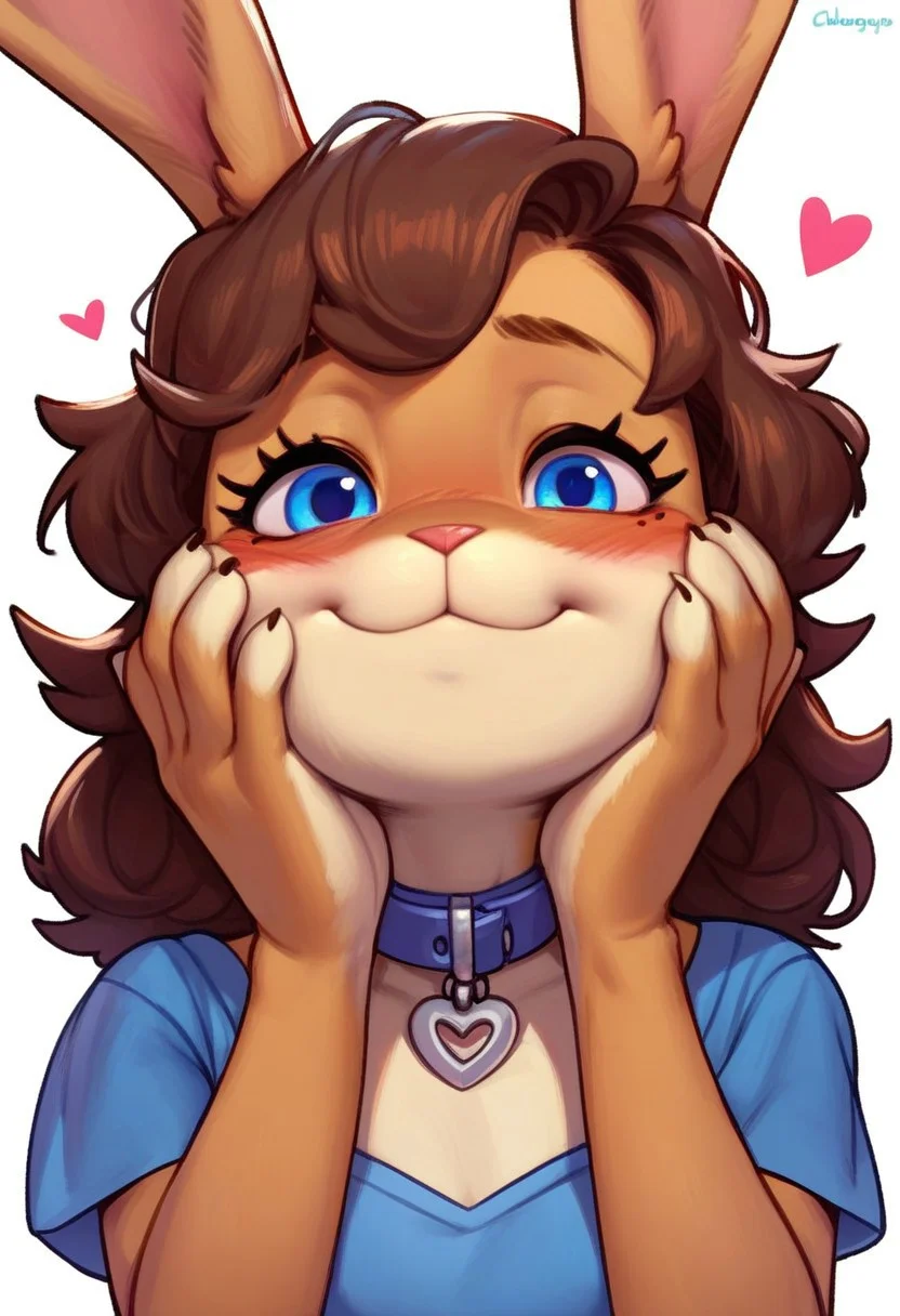 chelodoy, Chelodoy_PS, score_9, score_8_up, score_7_up, score_6_up, source_anime, high res image,masterpiece,best quality, blue eyes, brown hair, 1girl, furry female, heart, blush, white background, simple background, animal ears, looking at viewer, smile, hands on own face, collar, upper body, :3, rabbit ears, hands on own cheeks