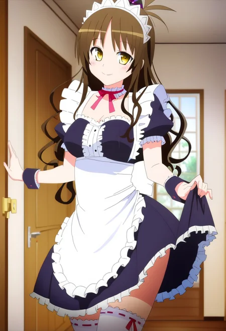 score_9, score_8_up, score_8, medium breasts, (curvy), cute, eyelashes,
1girl, solo, long hair, blush, smile, skirt, brown hair, thighhighs, yellow eyes, clothes lift, apron, zettai ryouiki, wrist cuffs, maid, maid headdress, skirt lift, enmaided, door, yuuki mikan, looking at viewer, frills, choker, white thighhighs, dynamic pose,
smile, looking at viewer,