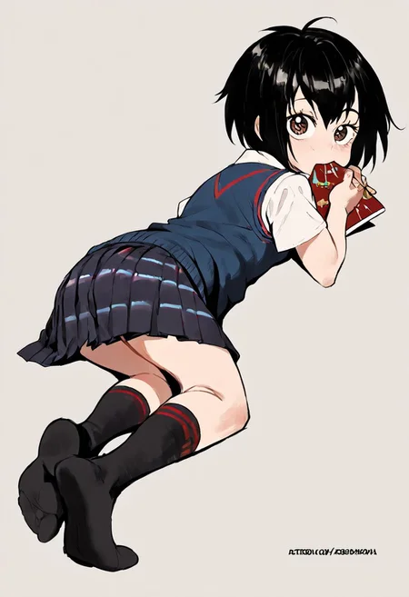 score_9_up, score_8_up, score_7_up, Score_6_up, Score_5_up, Score_4_up, source_anime, (masterpiece, perfectly detailed, detailed face, detailed eyes, beautiful eyes), (ultra HD quality details), 8K, extremely detailed, highres, Mevak_PS, peni parker, ass, black hair, black socks, brown eyes, eating, from behind, looking at viewer, looking back, lying, on stomach, pleated skirt, school uniform, short hair, simple background, skirt, socks, solo, sweater vest