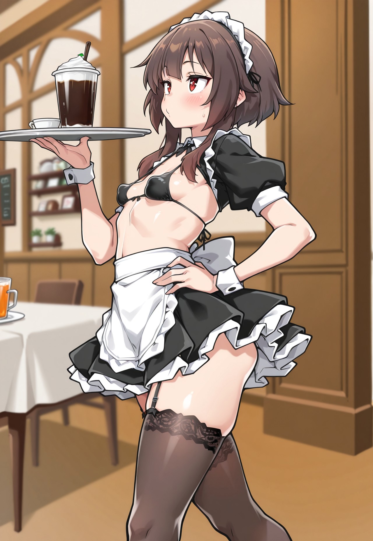 b4yeuxm4n, masterpiece, best quality, amazing quality, fantasy, indoors, cafe, solo, megumin, perky breasts, small breasts, clothed, lace thighhighs, maid uniform, bikini top, holding tray, walking, hand on hip
