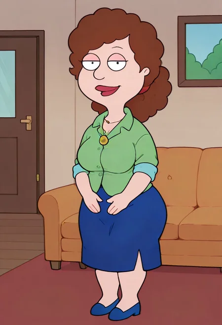 score_9, score_8_up, score_7_up, score_6_up, high quality, rounded eyes, style parody, cartoon style, 1girl, solo, living room, couch, indoors,
BREAK
unnamed girl, brown hair, black eyes, (mature female:1.5), (plump:1.2), large breasts, gigantic ass, gigantic hips, green sweater, rolled up sleeves, blue skirt, navy blue shoes, own hand together, smile, looking at viewer, long skirt, half-closed eyes, necklace,