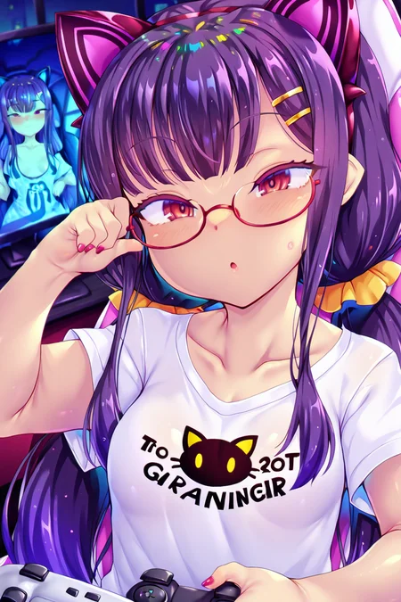 shiny skin, posing,
<lora:toraishi.il:1>,
toraishi, 
gaming chair, monitor, controller, 
half-closed eyes, bags_under_eyes ,
upper body, printed shirt, 
night, dark,, (purple hair:1.2), very long hair, low pigtails, hime cut, 
red eyes, glasses, hairpin, cat headphones,  
hairpin,