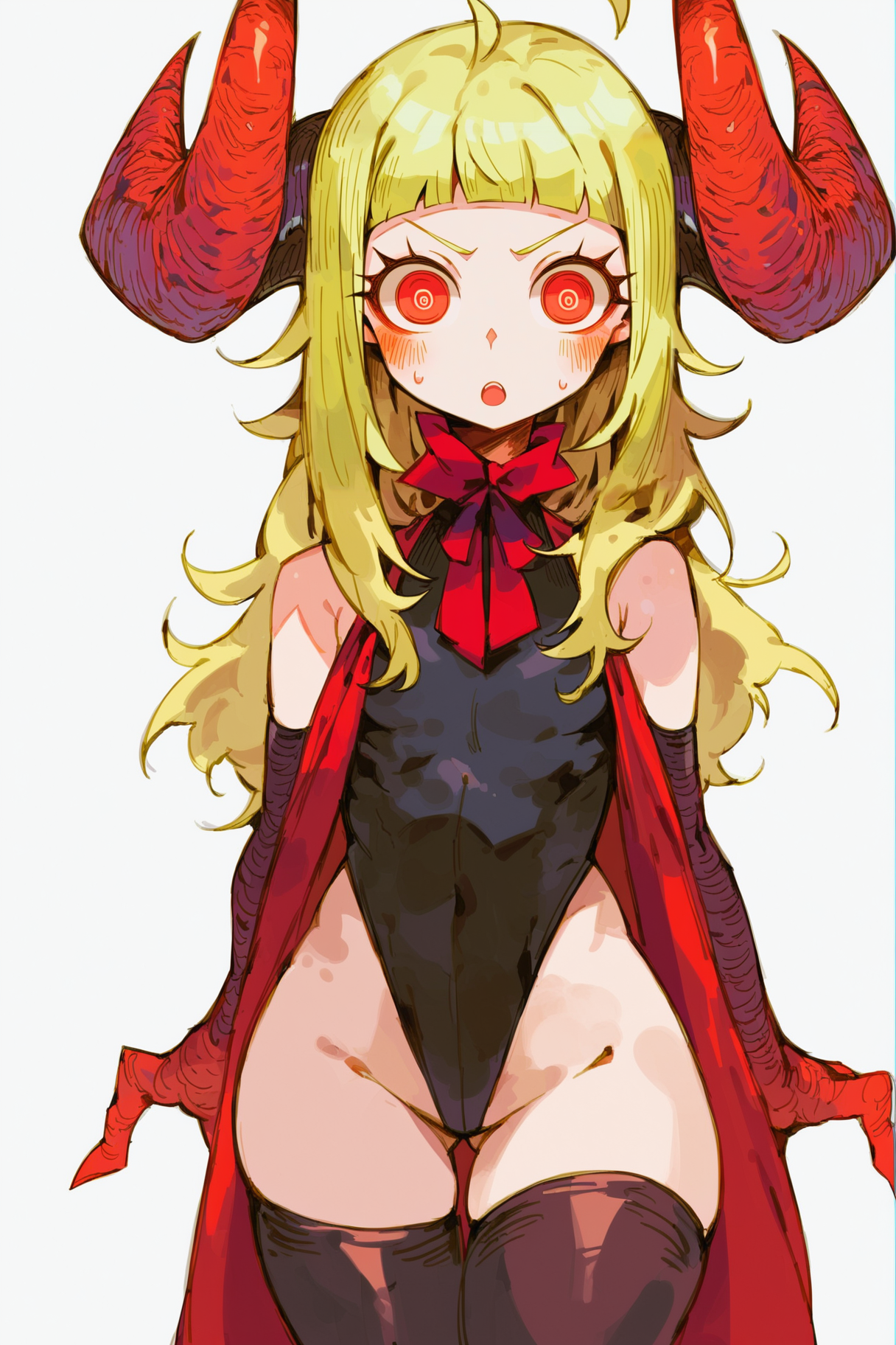 score_9, score_8_up, score_7_up, score_6_up, score_5_up, score_4_up, 1girl, solo, horns, red eyes, white background, blonde hair, looking at viewer, leotard, ringed eyes, thighhighs, simple background, open mouth, blush, highleg, :o 