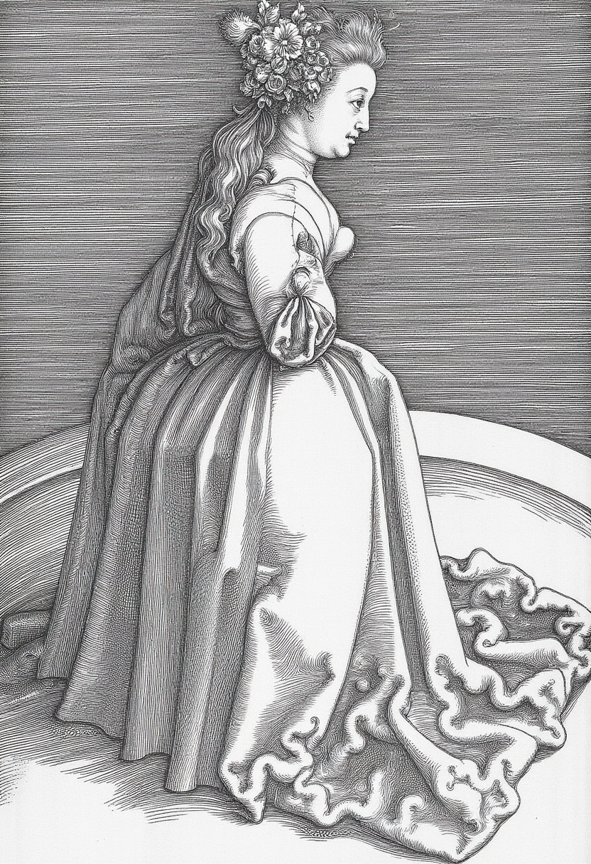 engraving in the style of yfg-durer, The background contains subtle, thin, and delicate text "RYXM Cookies", perfectly legible, repeated multiple times, creating a watermark effect. Wonderful woman. Cinematic, poster, vibrant.