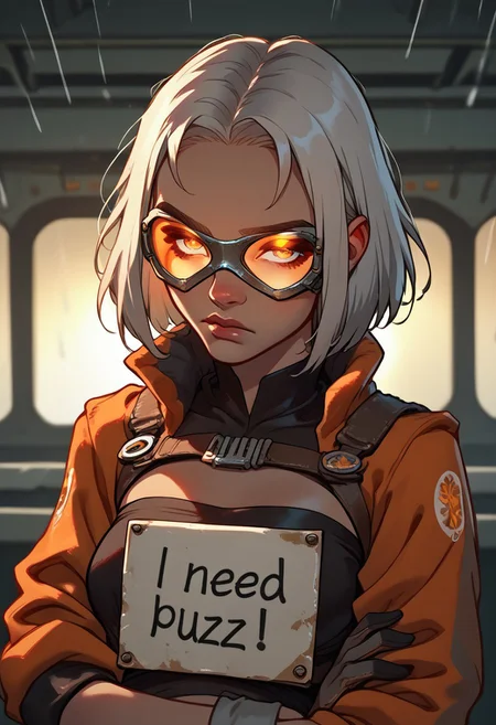 score_9, score_8_up, 1girl, pregnant, bust-up portrait, cyber western, leaning against neon-lit train engine, oil-streaked cheeks, short spiky silver hair with holographic strands, reflective goggles pushed to forehead, rust-orange bomber jacket pulled open over tight cyber-fabric bandeau, high-tech revolver holstered under arm, gloved hand resting on belly, tan skin, tired eyes with fierce spark, rain-speckled lens flares, dramatic night lighting with glowing rails, need_buzz, (holding sign)