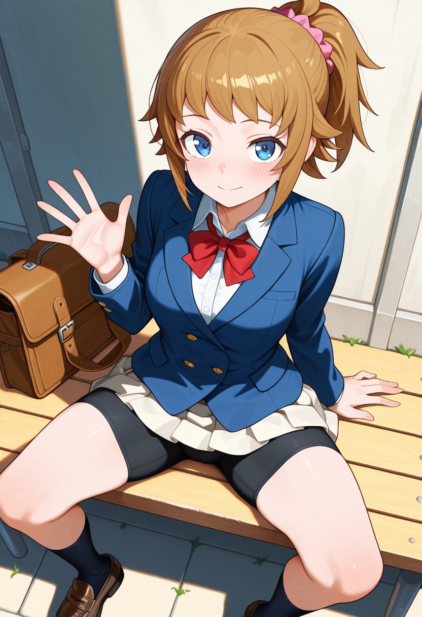 masterpiece,best quality,amazing quality, gbf_fumina, 1girl, brown hair, high ponytail, sidelocks, pink scrunchie, blue eyes, blue blazer, white shirt, buttons, collared shirt, red ribbon, pleated skirt, black bike shorts, knee high socks, brown loafers,
sitting, schoolyard, legs spread, crotch, looking at viewer, waving, brown schoolbag, from above,