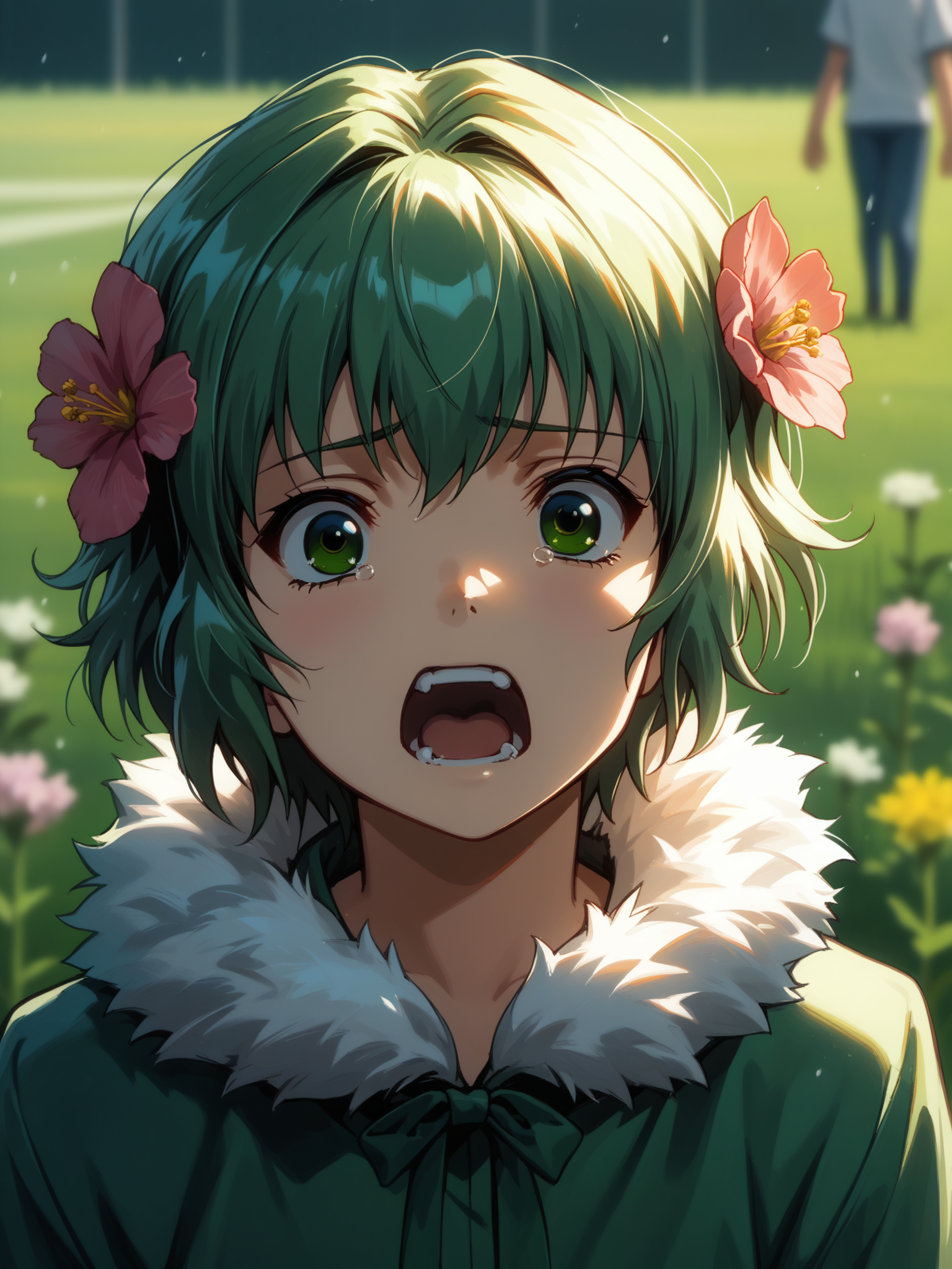 (upper body, solo focus:1.2) <lora:happy_tentacle-korone-v0.2:1>, ht_korone, (green hair, green eyes:0.5), (emotionless, jitome:1.2) (petite:1.2), <lora:Shed_The_Skin's StS_age_slider_v1_initial_release:-1.5> ( (fur trim :1.1) :1.1) ( , , (scared :1.2) , screaming , (looking at another:1.2) :1.2) outdoors, vegetation, ( :1.1), , (dawn :0.6), (blue sky:0.6) , ((sidelighting:0.5), (light rays, light particles:0.5) :0.5), , ( :0.9), (flower field :1.2) (( from below :1.2) :0.8) score_9, score_8_up, score_7_up, score_6_up, score_5_up, score_4_up, ( [(realistic, photorealistic:1.3):(realistic:1.2):14] [(3d:1.2)::12] [:anime coloring:10] :1) <lora:LUUNA's Lunas-NijiJourney-SDXL-B2:0.35>, nijijourney <lora:prgfrg23's Counterfeit-V3.0 Style SDXL_LoRA_Pony Diffusion V6 XL:0.6> <lora:mfcg's mfcgXL:0.12> <lora:reweik's gyokai(himehajime)_PonyXL_style_v01:0.14>