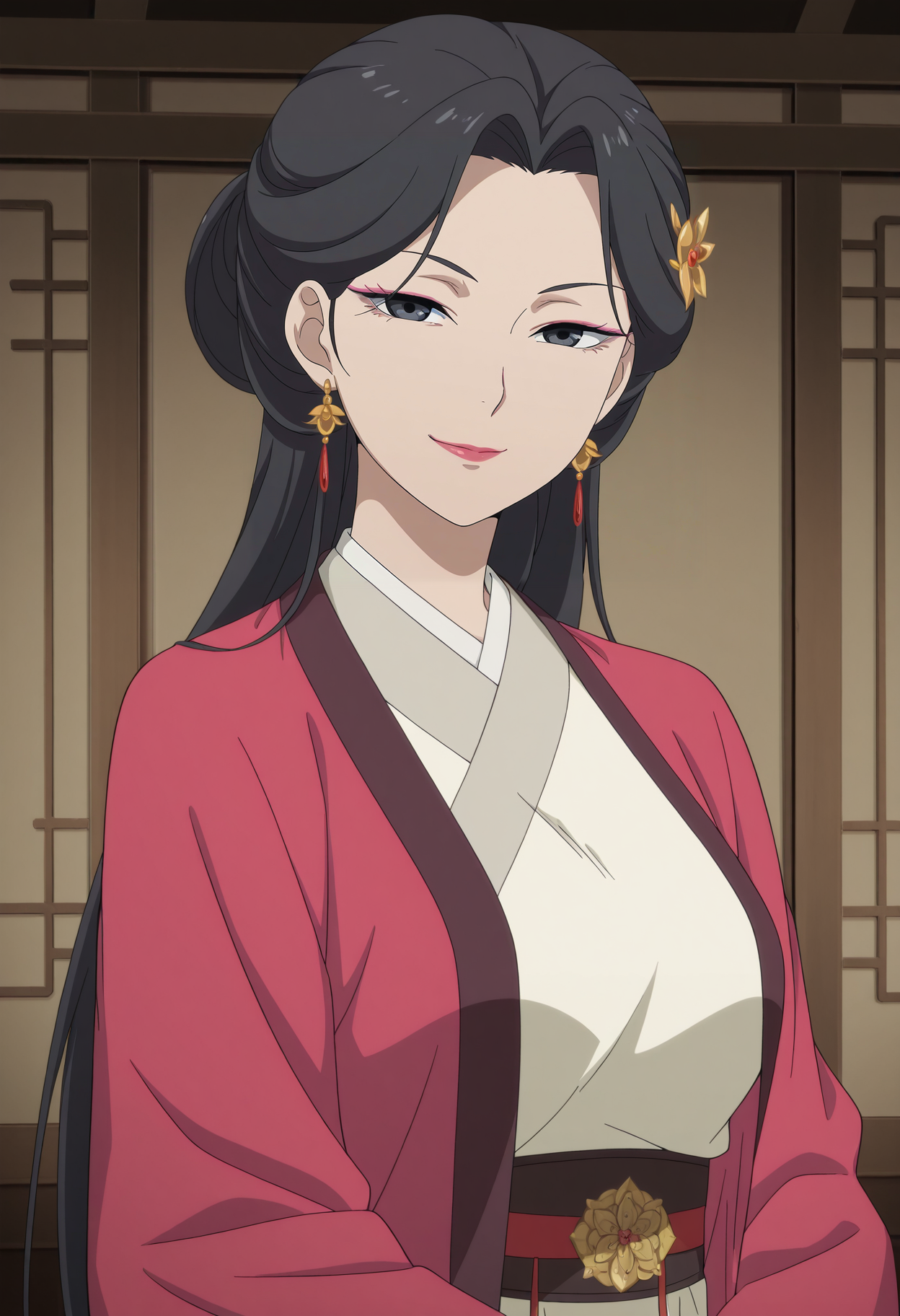 1girl,solo,mm,mature female,long hair,black hair,black eyes,earrings,makeup,lipstick,hair ornament,hair bun,anime coloring,
chinese clothes,hanfu,upper body, looking at viewer, smile,indoors
,masterpiece,best quality,amazing quality,<lora:Aoji-Fairies_Album:0.8>