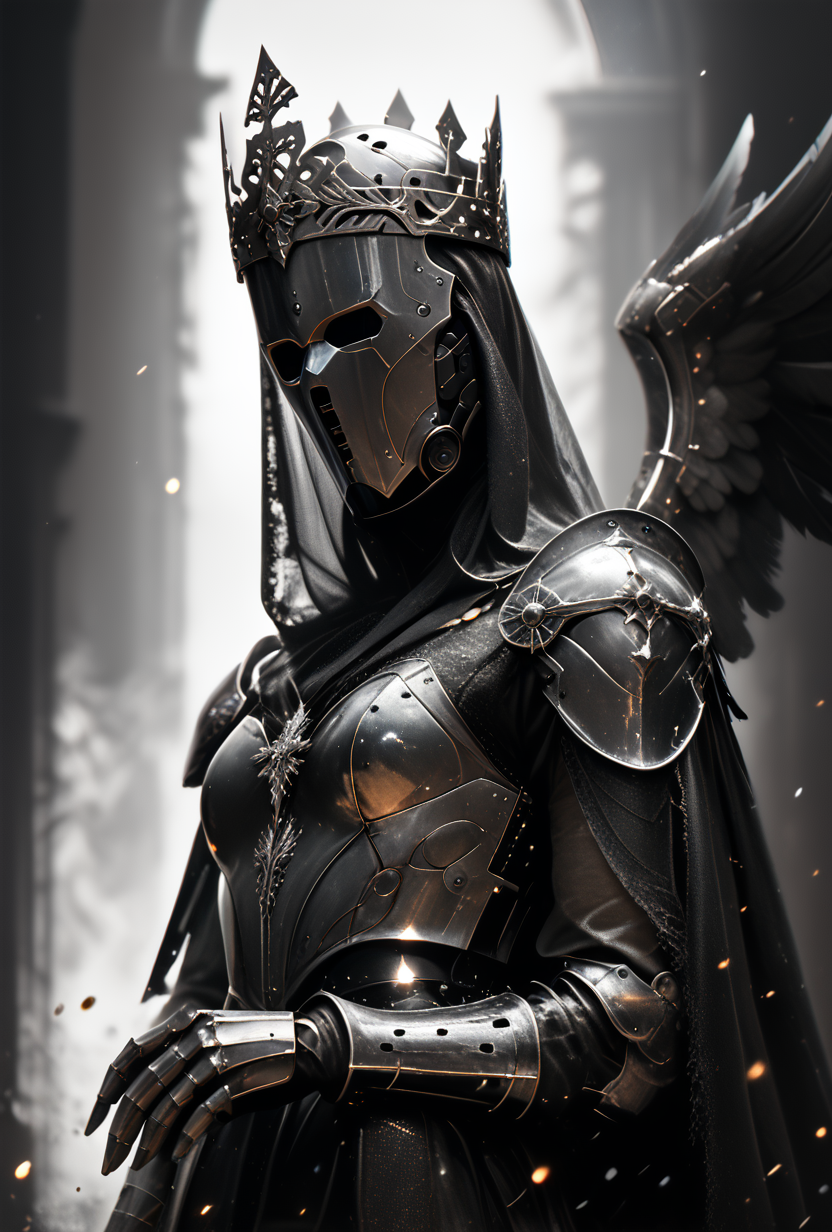 (score_9, score_8_up), score_7_up, 1girl, Highly detailed RAW color Photo, dress, crown, helmet, side view, holding, weapon, greyscale, indoors, cape, armor, helmet, shoulder armor, gauntlets, pauldrons, mask, dark, hood, full armor, helm, wings, covered eyes, feathered wings, simple background, grey background, gorgeous details, depth perception, backlighting, photorealistic, robot, helm, breathtaking scenery, shiny metallic texture, perfectly rendered reflections,
dark lighting, dof, depth of field, realistic, dark background, CINE, embers,
<lora:unholy-000009:0.8> <lora:CINE-000008:0.4><lora:- SDXL - vanta-black_contrast_V3.0:0.7>
<lora:sinfully_stylish_SDKL:0.5>  <lora:GwentStyle_v2:0.4>  <lora:xl_more_art-full_v1:0.4>