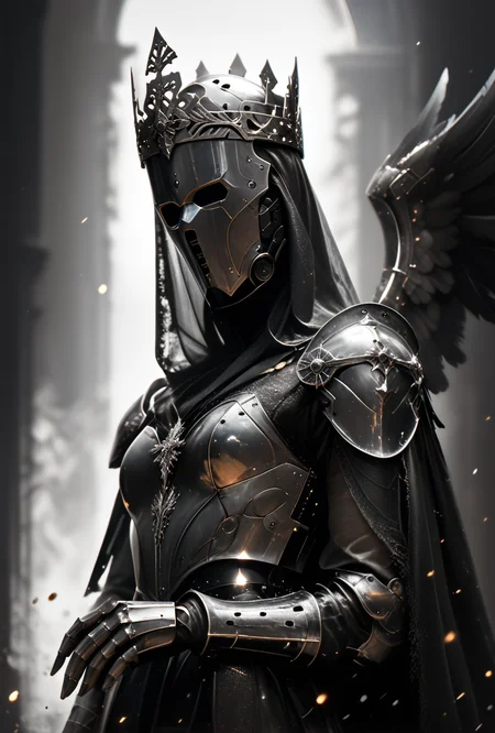 (score_9, score_8_up), score_7_up, 1girl, Highly detailed RAW color Photo, dress, crown, helmet, side view, holding, weapon, greyscale, indoors, cape, armor, helmet, shoulder armor, gauntlets, pauldrons, mask, dark, hood, full armor, helm, wings, covered eyes, feathered wings, simple background, grey background, gorgeous details, depth perception, backlighting, photorealistic, robot, helm, breathtaking scenery, shiny metallic texture, perfectly rendered reflections,
dark lighting, dof, depth of field, realistic, dark background, CINE, embers,
<lora:unholy-000009:0.8> <lora:CINE-000008:0.4><lora:- SDXL - vanta-black_contrast_V3.0:0.7>
<lora:sinfully_stylish_SDKL:0.5> <lora:GwentStyle_v2:0.4> <lora:xl_more_art-full_v1:0.4>