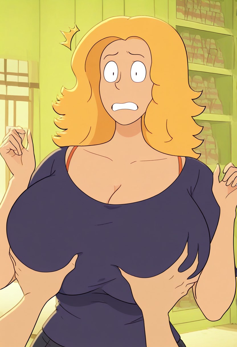 official art accurate,
1girl,blonde hair,looking at viewer
short sleeves, , breasts, indoors, shirt, jewelry, bra strap
black shirt,w arms
,huge breasts,blue shirt,cleavage,black pants,looking at viewer, breast grab),  grab, deep skin, shocked,confused, surprised,scared,clenched teeth, bedroom, looking at viewer, upper body, 1boy, breast grab by another