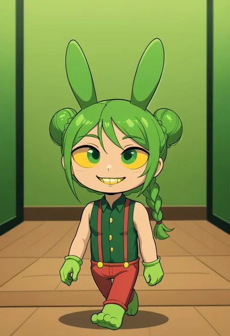 JaxTADC, solo, gloves, 1boy, animal ears, walking, upper body, portrait, toes, animal ears, rabbit ears, suspenders, chibi, male focus, human:1.9, hot green vest, pants, hot green gloves, yellow sclera, colored sclera, Hot green eyes, yellow teeth, rabbit feet, Hot green cornea, Hot green braid around bun head, bedroom
