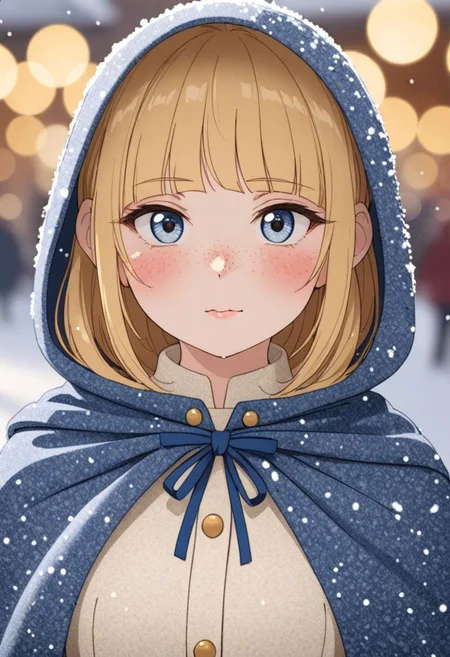 (Blondie:1.0),photograph of a cute adult girl, blonde hair, pale skin, freckles, blush, innocent, petite and youthful face, silver blue eyes, wearing a cloak, city christmas festival, snowfall, Porta 160 color, shot on ARRI ALEXA 65, bokeh, sharp focus on subject, shot by Don McCullin, nsfw, (natural skin texture, hyperrealism, soft light, sharp), (perfect round eyes:1.3), Capture the essence of her beauty, Enrich the composition with soft, diffused natural light that accentuates the textures and colors, creating a timeless and culturally rich image, EyeDetail-SDXL, fFaceDetail-SDXL