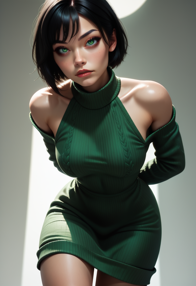 score_9, score_8_up, score_7_up,
1girl, solo, sexy sweater dress, green dress, long sleeves, bare shoulders, hands behind back, leaning forward, looking at viewer, from below,
 <lora:Dark_Jade_Pony_v0.3:0.6> d4rkj4d3, black hair, green eyes,