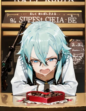 highres, best quality, masterpiece, masterpiece, best quality, amazing quality,1girl, bar, \(sad:1.3\),streaming tears, \(crying:1.3\), leaning on table, heart-shaped chocolate,screaming, Sinon, Light blue hair, Long, flowing hair, Pale skin, Blue eyes, Slender build, Thin eyebrows, Sniper rifle, Tactical gear, Eyeglasses, Tomboyish style, Sinon