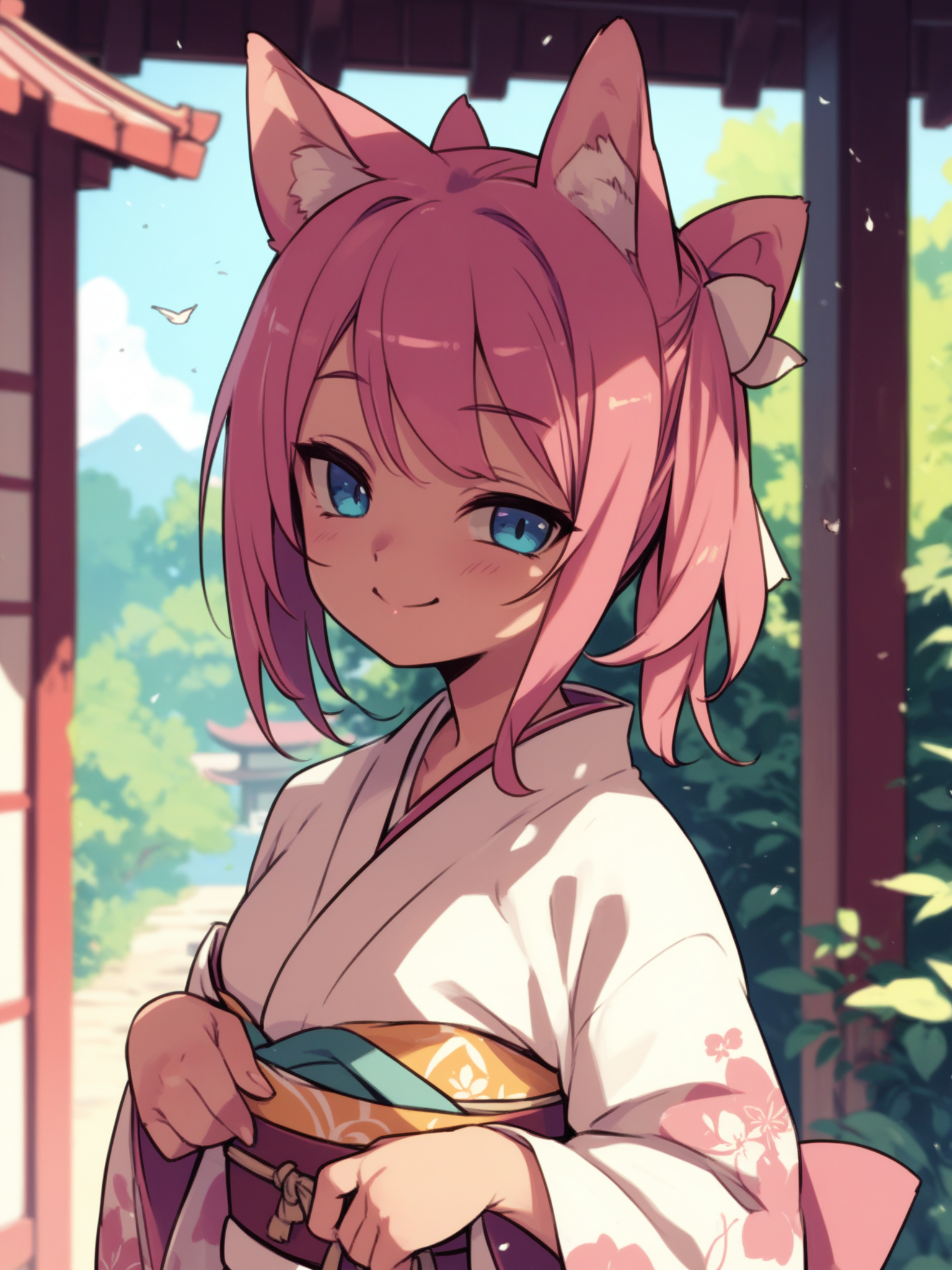<lora:happy_tentacle-necomimi-v0.2-000028:1>, ht_necomimi, pink hair, animal ears, kimono, outdoors , 1girl, solo, upper body , half-closed eyes , (happy :1.1), , looking at viewer , standing , facing viewer , score_9, score_8_up, score_7_up, score_6_up, score_5_up, score_4_up