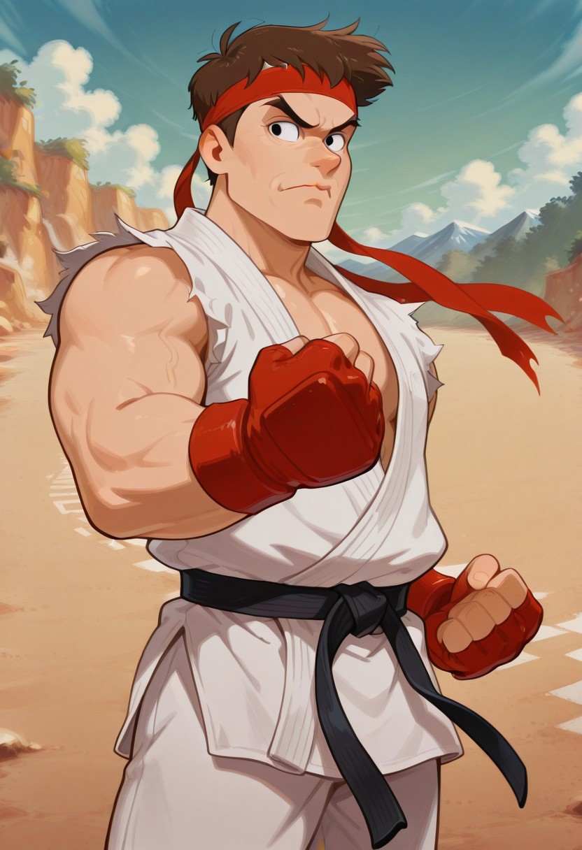 (cartoon, screencap:2), 
best quality, masterpiece, 
1boy, solo, male focus, cowboy shot, 
(ryu \(street fighter\):0.75), 
muscular male, brown hair, very short hair, black eyes, 
dougi, karate gi, martial arts belt, red headband, fingerless gloves, 
fighting stance, outstretched arm, clenched hands, 
looking to the side, frown, serious, 
outdoors, mountains, wind