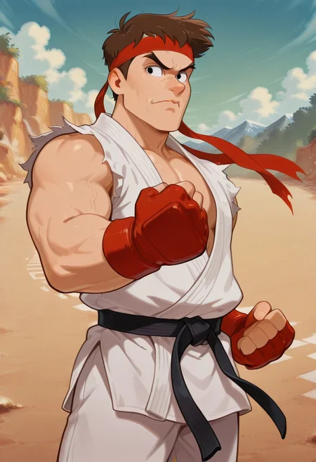 (cartoon, screencap:2), 
best quality, masterpiece, 
1boy, solo, male focus, cowboy shot, 
(ryu \(street fighter\):0.75), 
muscular male, brown hair, very short hair, black eyes, 
dougi, karate gi, martial arts belt, red headband, fingerless gloves, 
fighting stance, outstretched arm, clenched hands, 
looking to the side, frown, serious, 
outdoors, mountains, wind