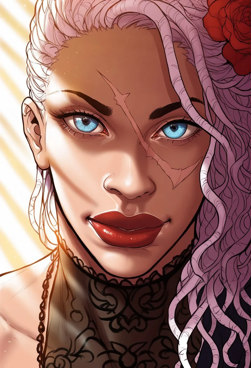 detailed face, detailed eyes, high resolution, intricate design, sharp edges, smooth, high detailed, god level, good proportions, detailed fingers, (masterpiece, best quality, ultra-detailed), (anime style, manhwa style:1.2)
...
(Andrea, 1girl, scar on face, scar across eye, white hair, dreadlocks. single hair bun, heterochromia, left orange eye, right blue eye, muscular female, black loin dress, single sleeve, jewelry, lipstick, thigh lace, huge thighs)
...
looking at viewer, standing, close up, (close shot, upper body, from thighs up:1.2),
...
score_10, score_9, score_8, 1girl, solo, alone, cinematic, sketch
...
white background, flower borders, dynamic lighting, Flowers, (soft lighting, dramatic shadows), (sharp focus), (cinematic lighting:1.3), ( mystical aura), ethereal light rays, warm glow, realistic shading