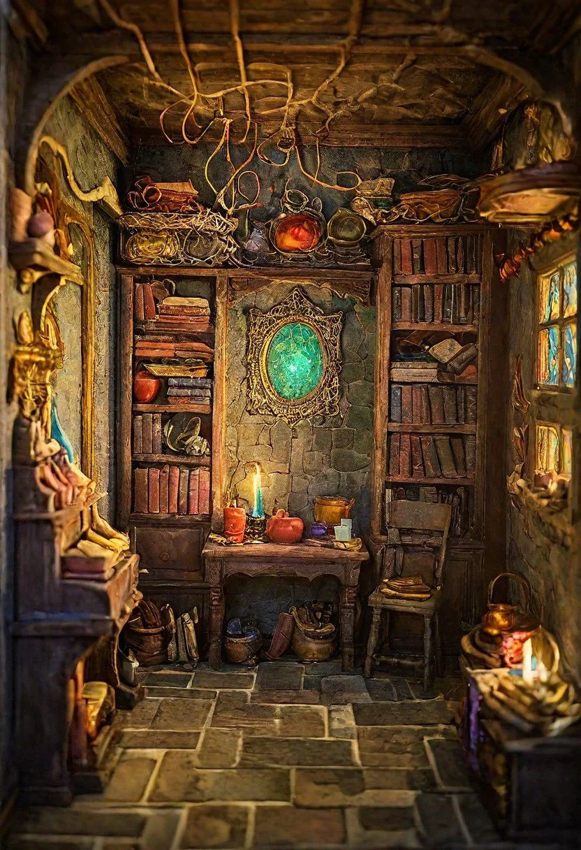 Diorama mage room , high quality, detailed background, 8k,35mm