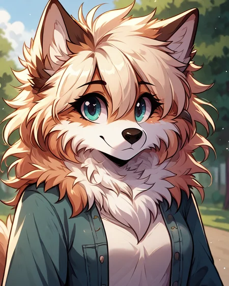 score 9, score 8 up, 1girl, masterpiece, <lora:MegaFluffyPony:1> megafluffypony, fluffy, furry, Dog, medium shot, outdoors, clothes