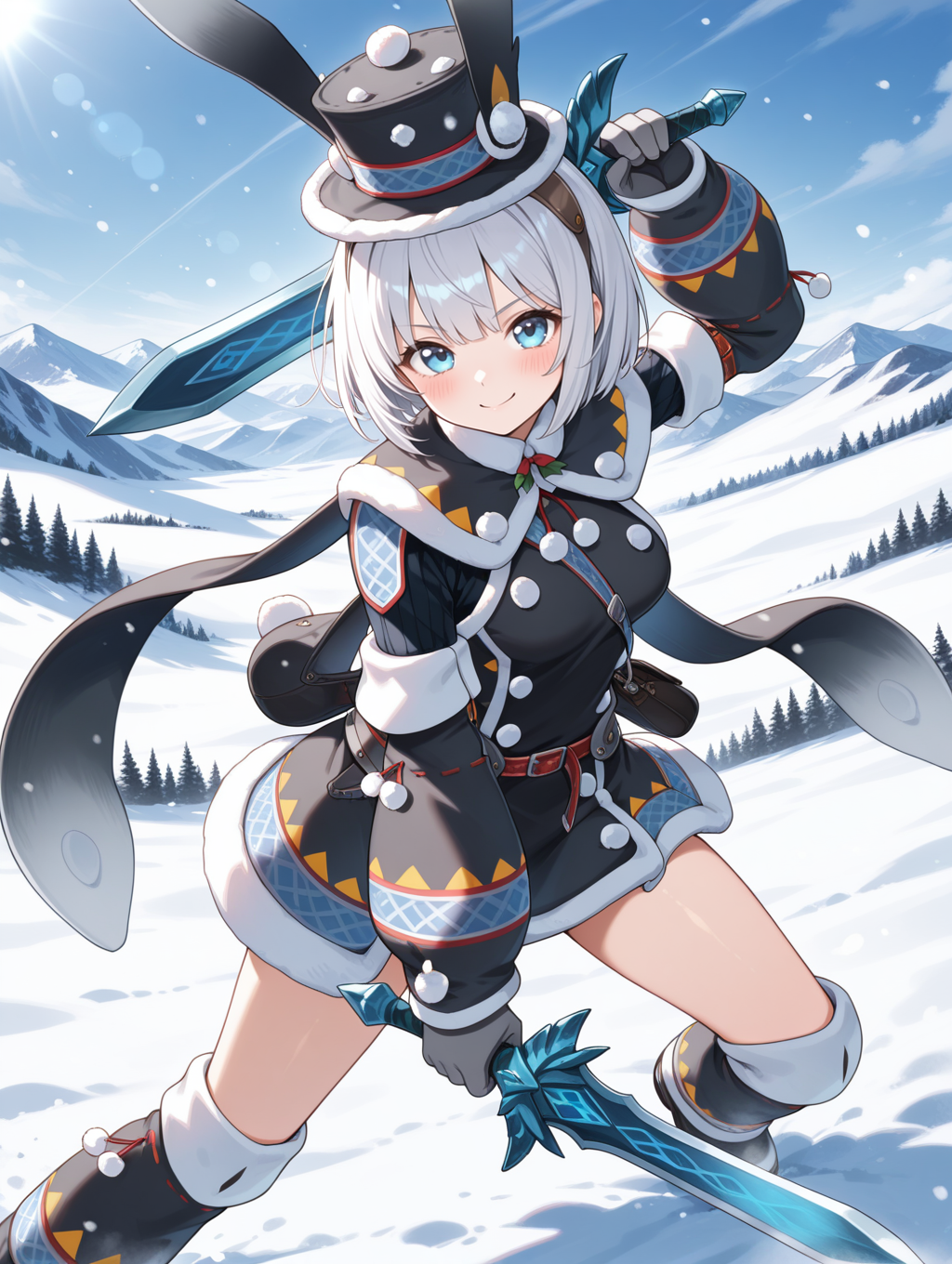 snow,mountain,snowbaron lagombi armor,1girl,solo,short hair,blue eyes,smile,sword,holding sword,dual wielding,looking at viewer,blush,black fur-trimmed top hat,black fur-trimmed capelet,black fur-trimmed coat,black fur-trimmed gloves,black fur-trimmed boots,black bag,black fur-trimmed short,
masterpiece,best quality,amazing quality,very aesthetic,absurdres,newest,<lora:Snowbaron Lagombi Armor illuXL v1:0.75>,